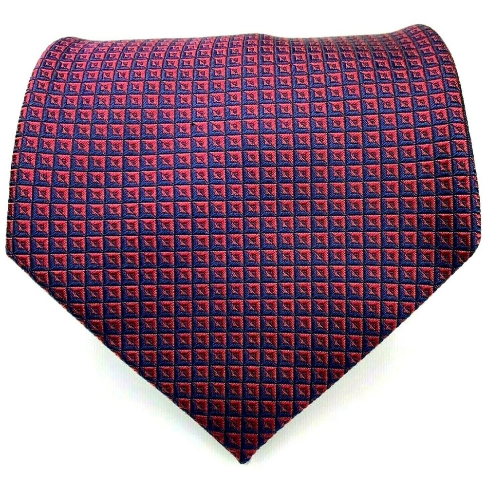 NAUTICA Red Navy Blue Woven Geometric Plaid Squares 100% Silk Mens Necktie